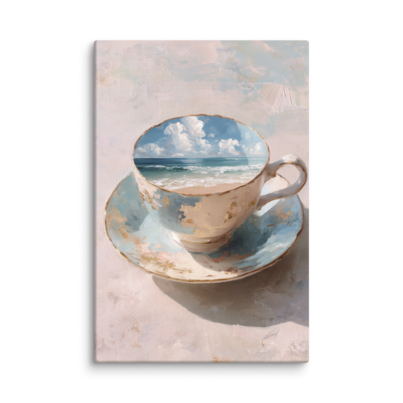 Coastal Teacup Canvas Print – Surreal Ocean Wall Art | Whimsical Beachy Home Decor