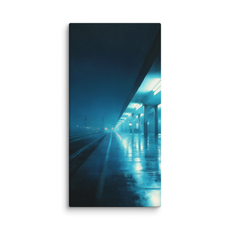 Moody Urban Wall Art – Rainy Train Platform Canvas Print | Dark Blue Cinematic Home Decor
