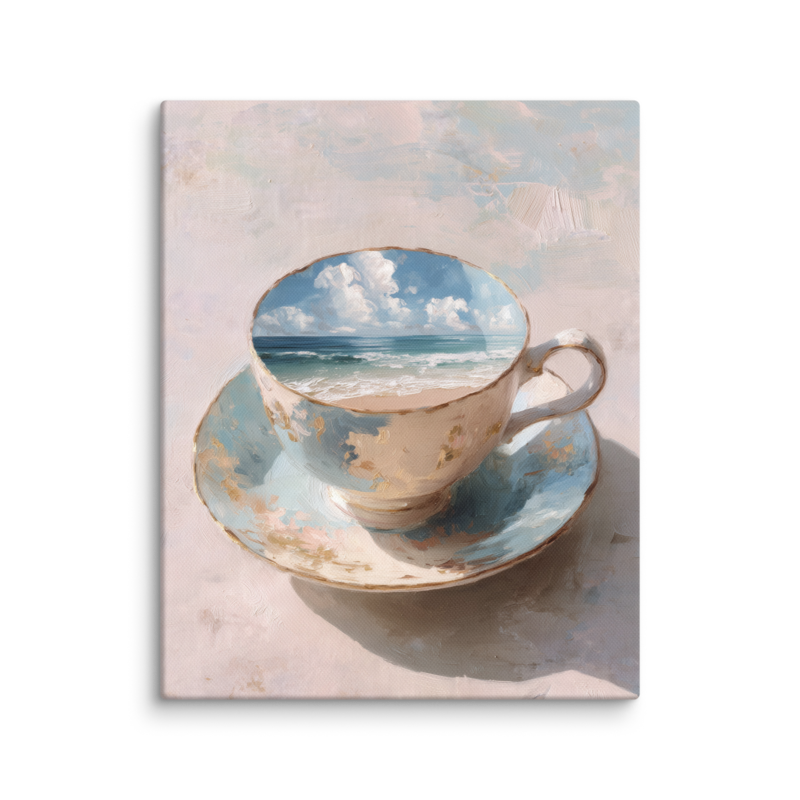 Coastal Teacup Canvas Print – Surreal Ocean Wall Art | Whimsical Beachy Home Decor