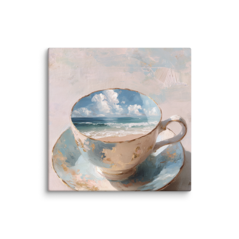 Coastal Teacup Canvas Print – Surreal Ocean Wall Art | Whimsical Beachy Home Decor