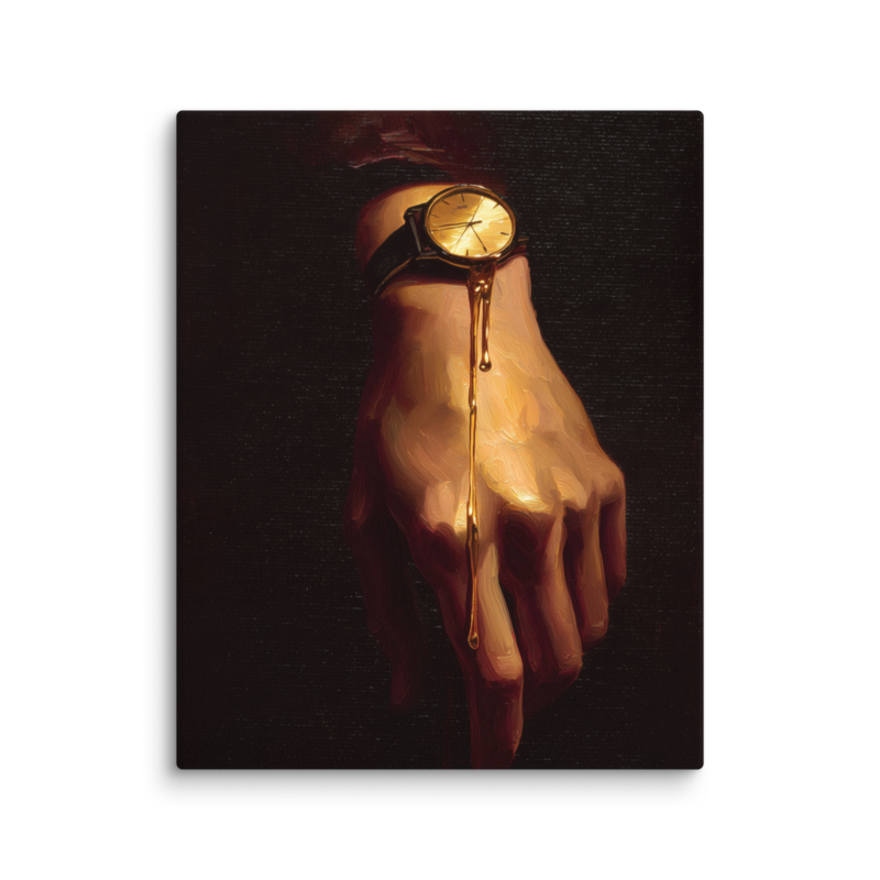 Surrealist Wall Art – Melting Gold Watch Hand Canvas Print | Moody Luxury Dark Home Decor