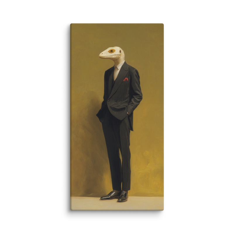 Lizard in a Suit Canvas Print – Surrealist Portrait Wall Art | Eclectic Maximalist Home Decor
