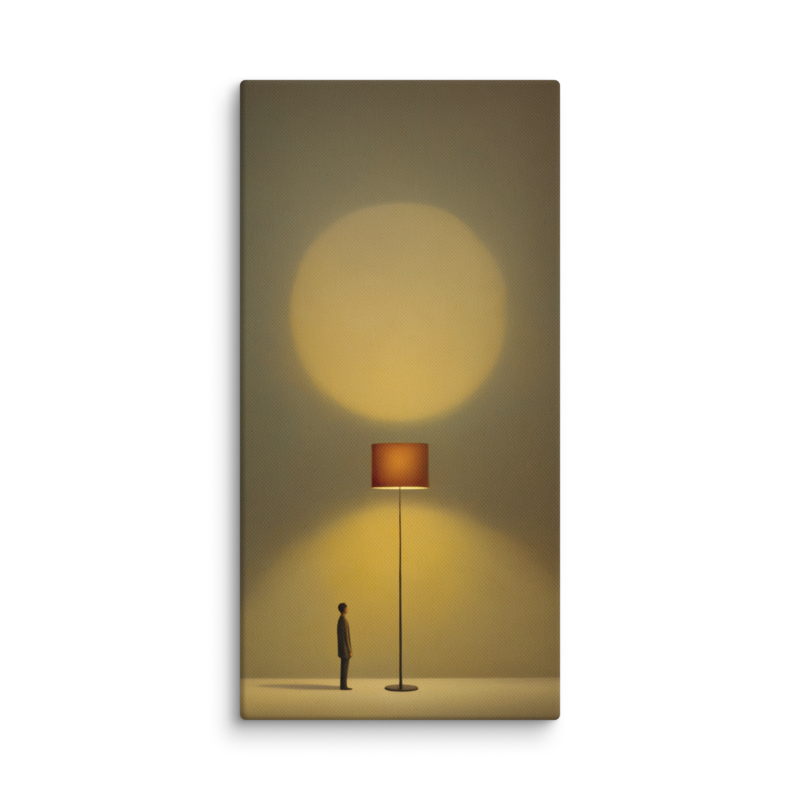 Tiny Figure & Lamp Canvas Print – Minimalist Surrealist Wall Art | Japandi Warm Home Decor