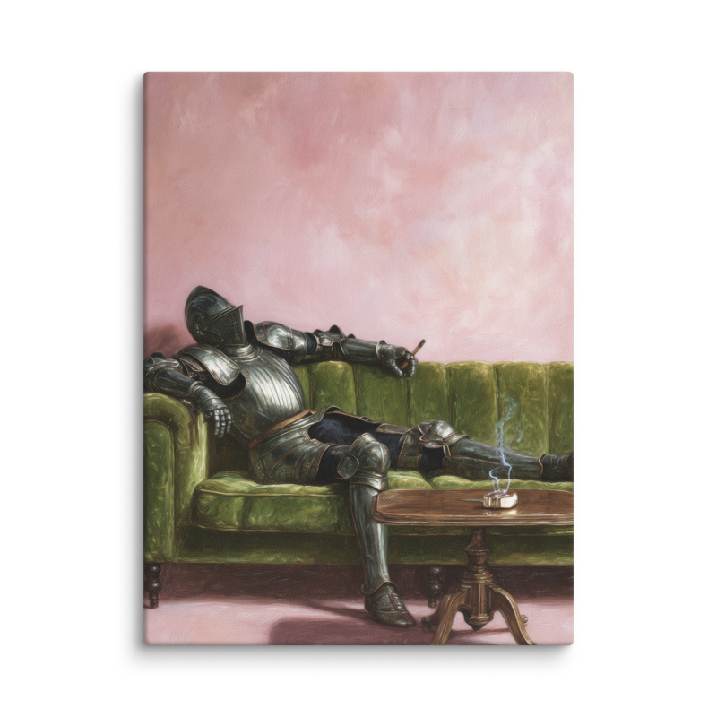 Surrealist Wall Art – Knight on Sofa Canvas Print | Funny Eclectic Maximalist Home Decor