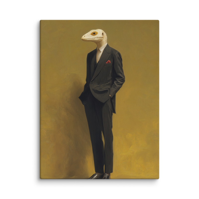 Lizard in a Suit Canvas Print – Surrealist Portrait Wall Art | Eclectic Maximalist Home Decor