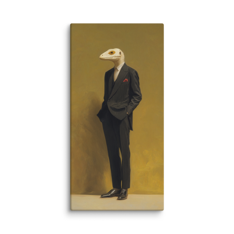 Lizard in a Suit Canvas Print – Surrealist Portrait Wall Art | Eclectic Maximalist Home Decor