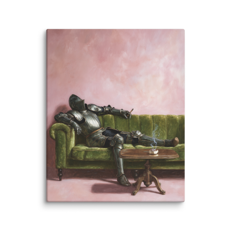 Surrealist Wall Art – Knight on Sofa Canvas Print | Funny Eclectic Maximalist Home Decor