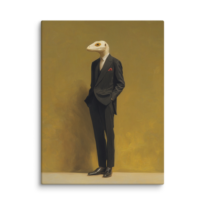 Lizard in a Suit Canvas Print – Surrealist Portrait Wall Art | Eclectic Maximalist Home Decor