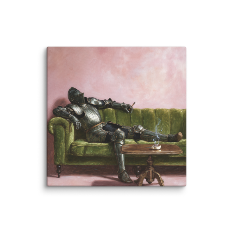 Surrealist Wall Art – Knight on Sofa Canvas Print | Funny Eclectic Maximalist Home Decor