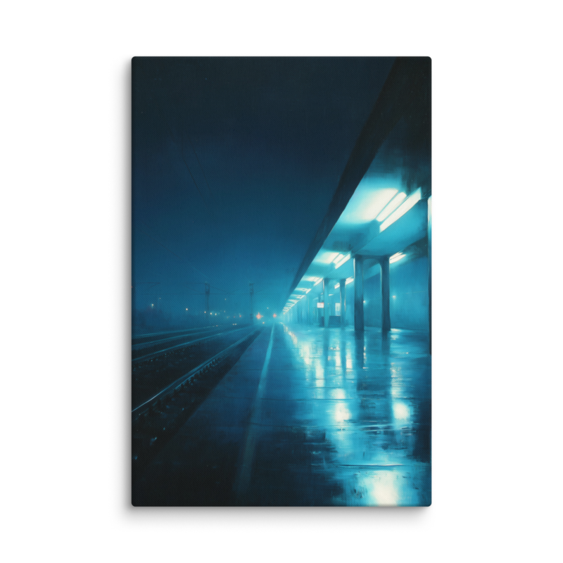 Moody Urban Wall Art – Rainy Train Platform Canvas Print | Dark Blue Cinematic Home Decor