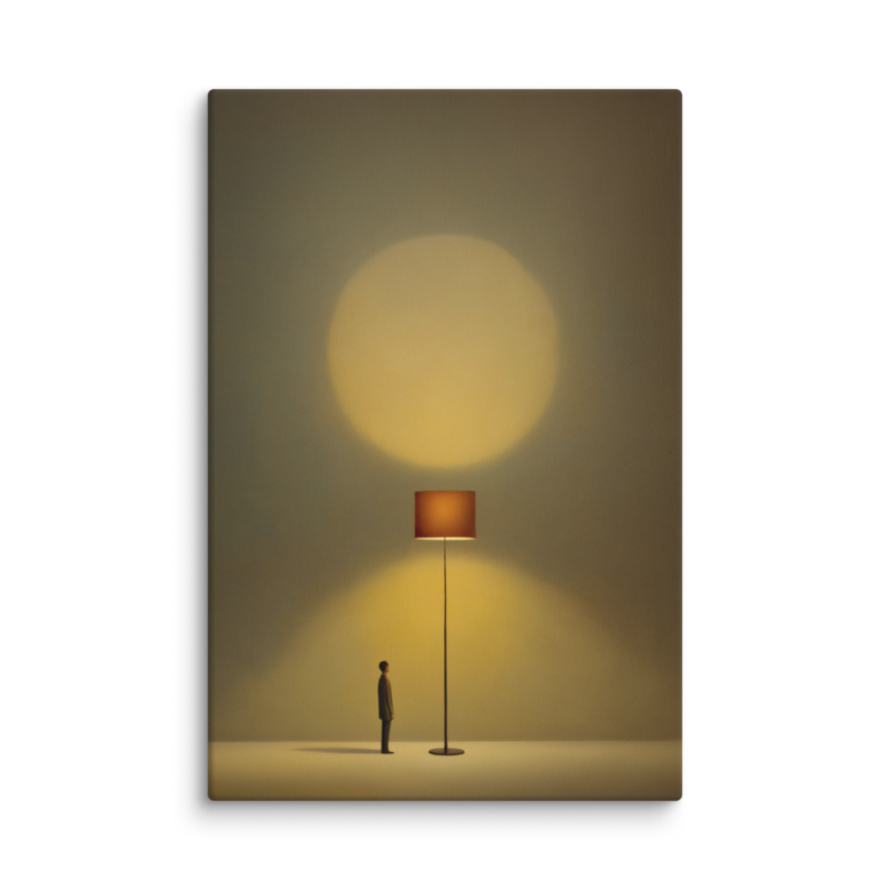Tiny Figure & Lamp Canvas Print – Minimalist Surrealist Wall Art | Japandi Warm Home Decor