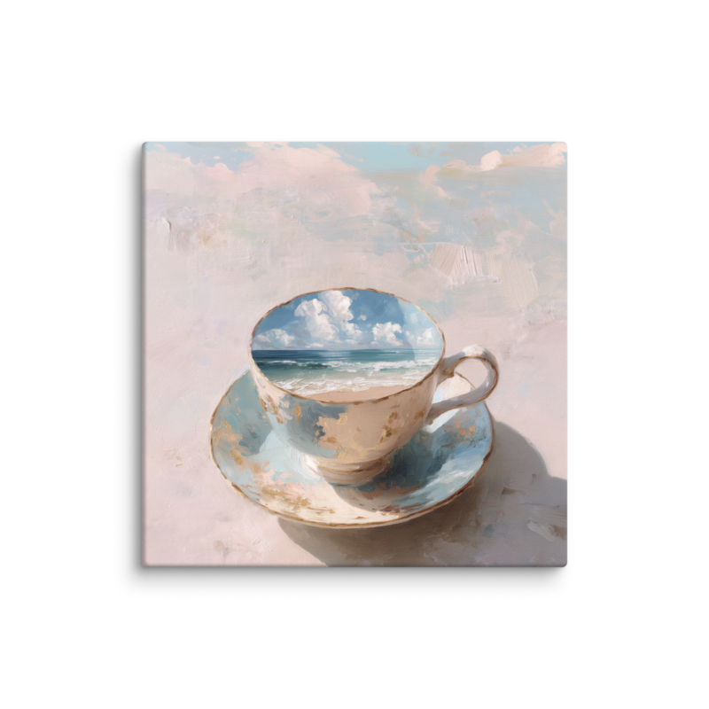 Coastal Teacup Canvas Print – Surreal Ocean Wall Art | Whimsical Beachy Home Decor