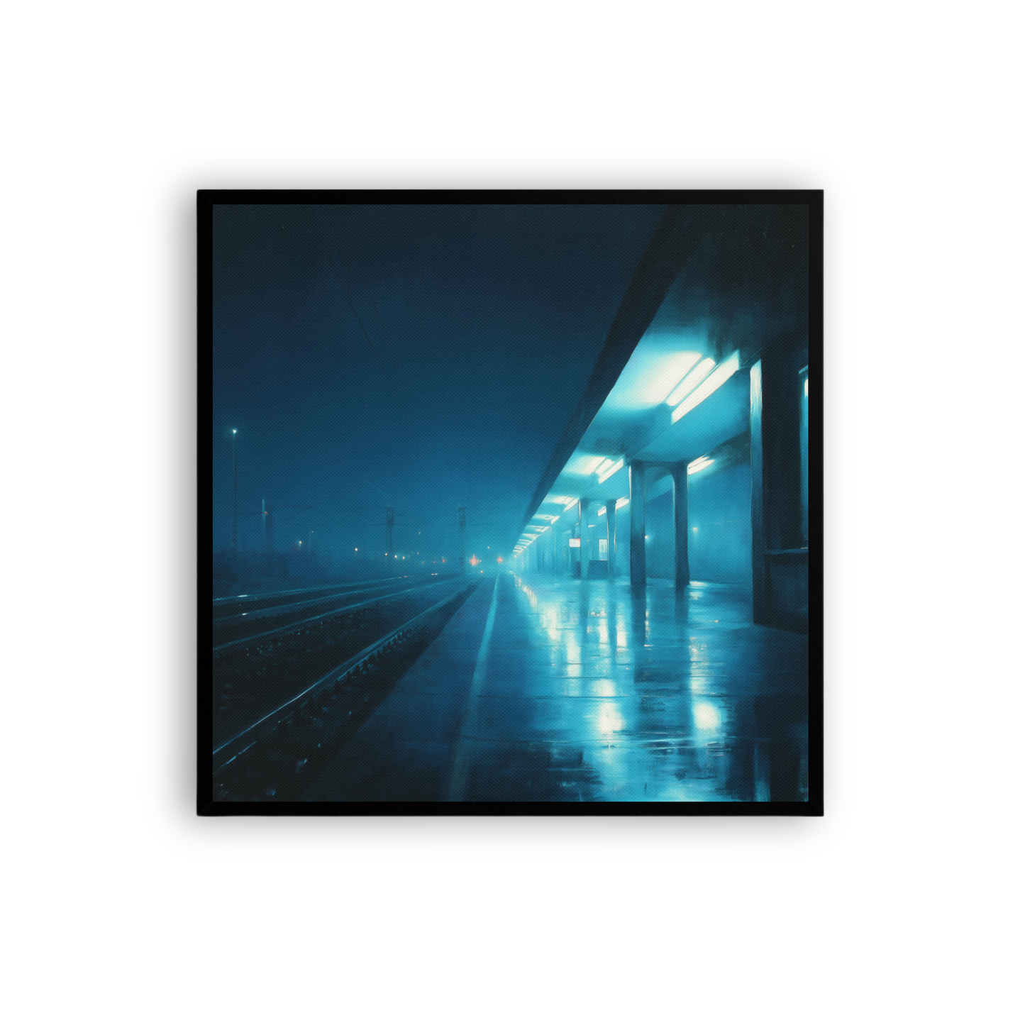 Moody Urban Wall Art – Rainy Train Platform Canvas Print | Dark Blue Cinematic Home Decor