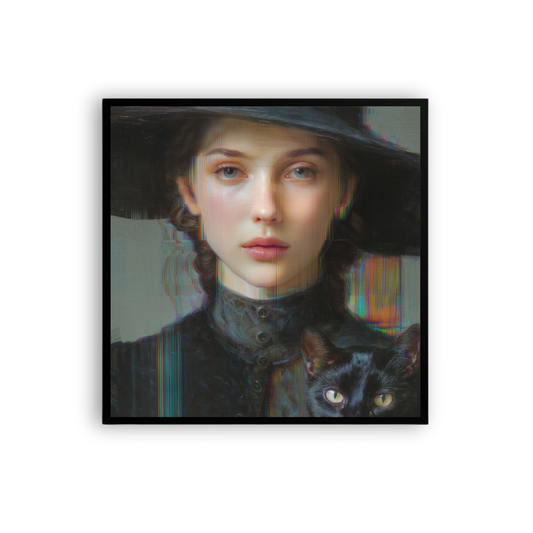 Nocturne Familiar — Witchy Portrait with Black Cat Canvas (Gothic Minimal)