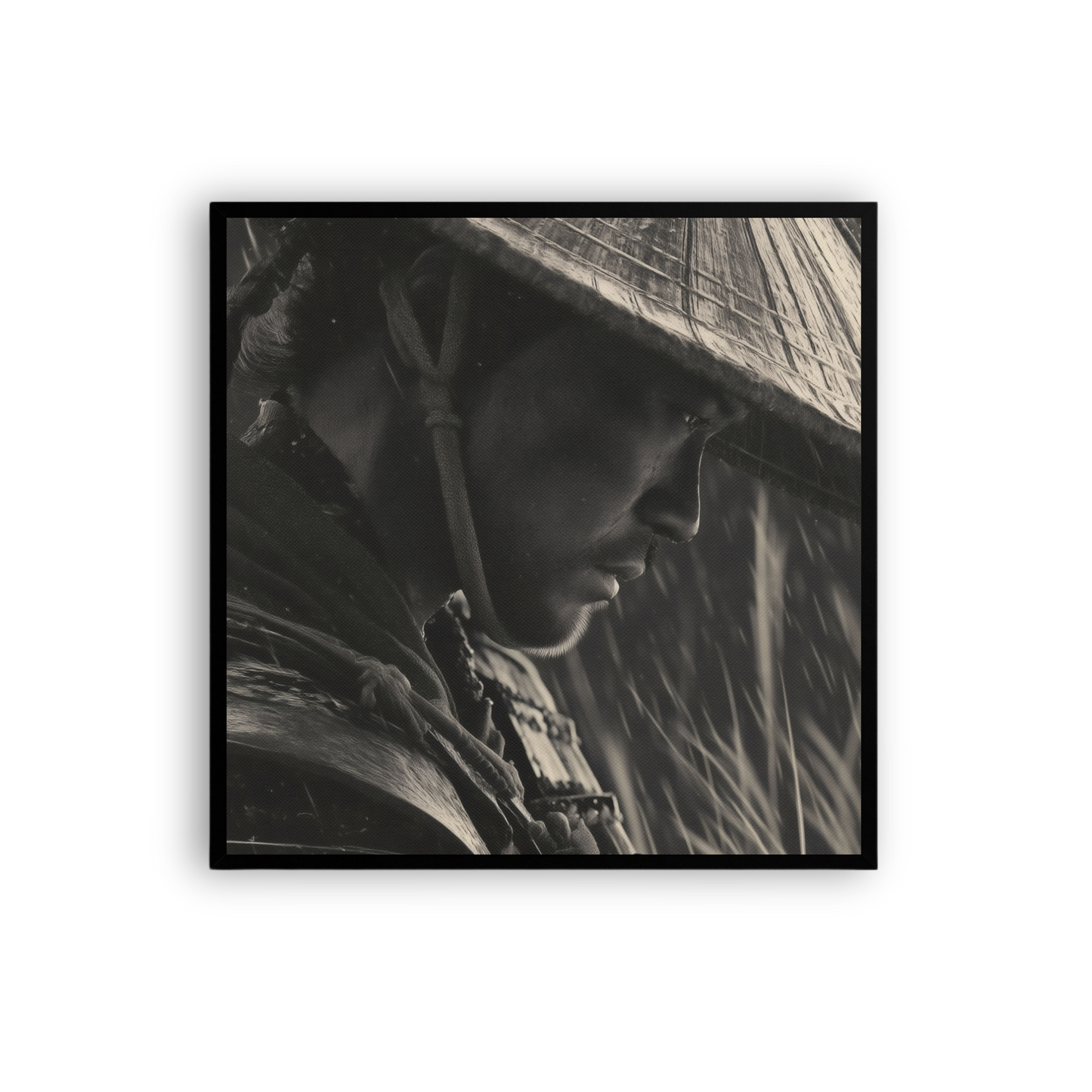 Masculine Wall Art – Japanese Samurai Canvas, Black & White Ronin in Rain