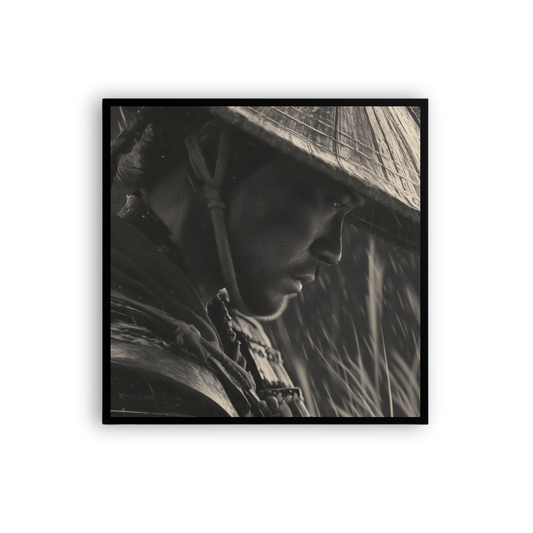 Masculine Wall Art – Japanese Samurai Canvas, Black & White Ronin in Rain