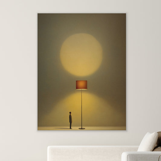 Tiny Figure & Lamp Canvas Print – Minimalist Surrealist Wall Art | Japandi Warm Home Decor