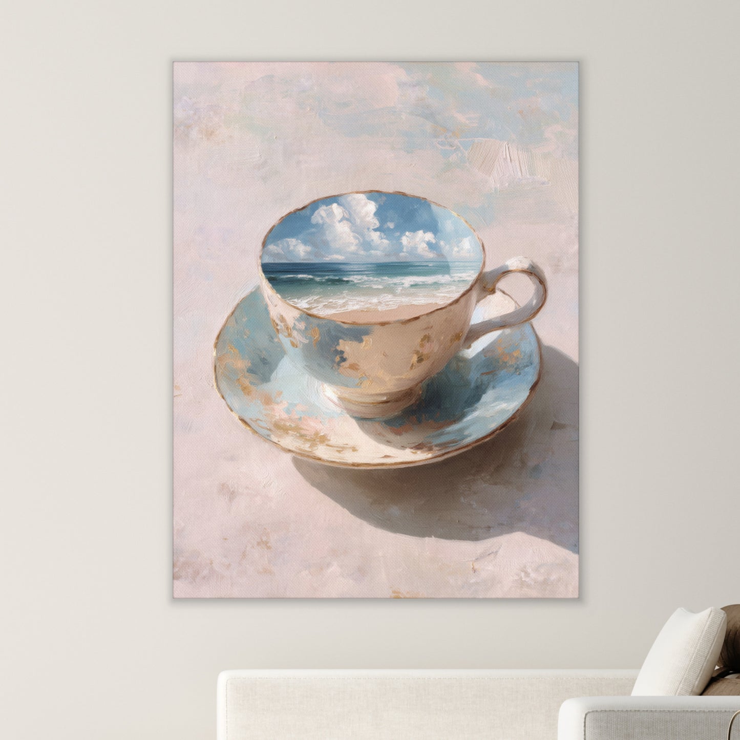 Coastal Teacup Canvas Print – Surreal Ocean Wall Art | Whimsical Beachy Home Decor