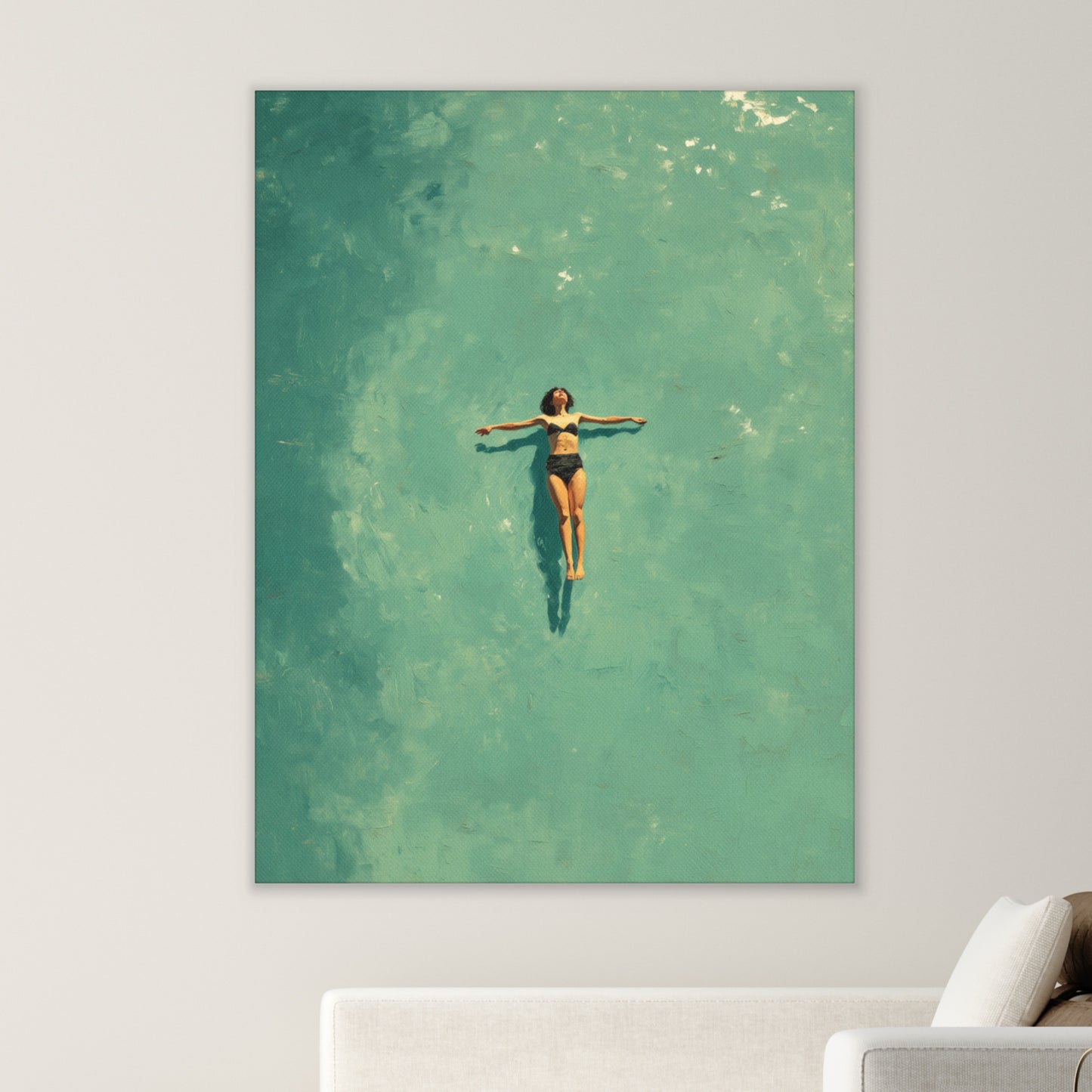 Floating Figure Canvas Print – Teal Pool Wall Art | Minimalist Contemplative Home Decor