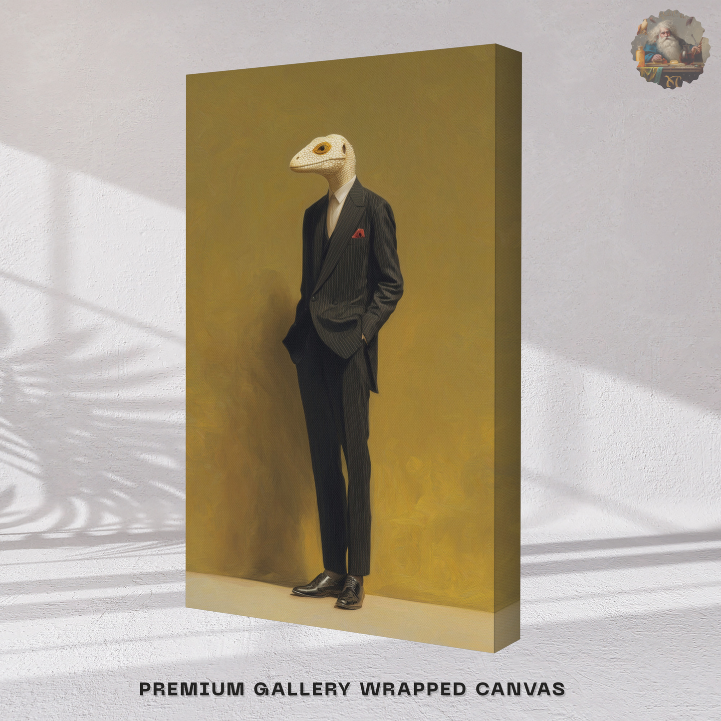Lizard in a Suit Canvas Print – Surrealist Portrait Wall Art | Eclectic Maximalist Home Decor
