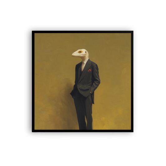 Lizard in a Suit Canvas Print – Surrealist Portrait Wall Art | Eclectic Maximalist Home Decor
