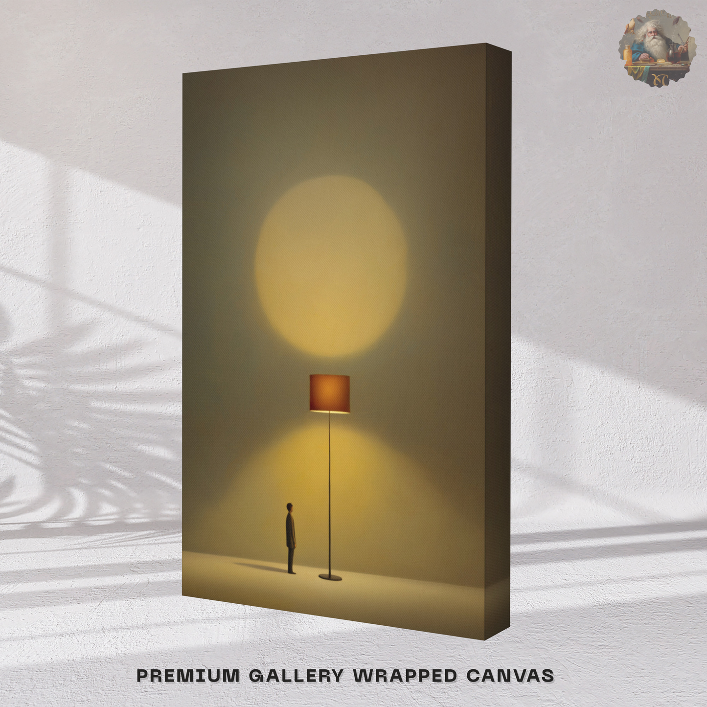 Tiny Figure & Lamp Canvas Print – Minimalist Surrealist Wall Art | Japandi Warm Home Decor