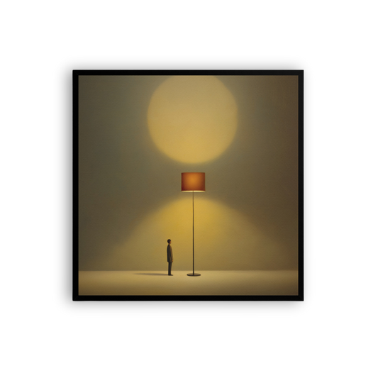 Tiny Figure & Lamp Canvas Print – Minimalist Surrealist Wall Art | Japandi Warm Home Decor